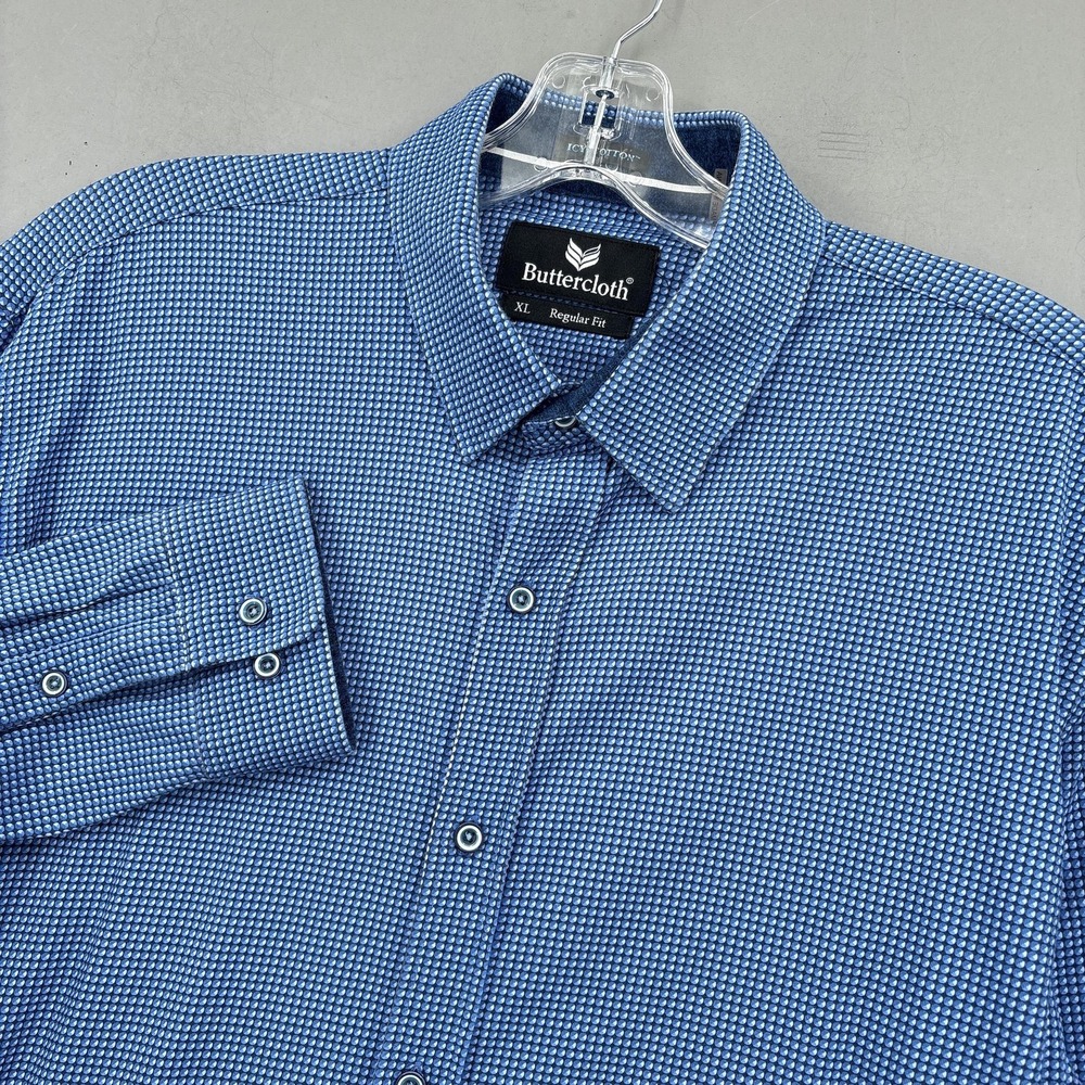 Buttercloth Shirt Mens XL Blue Geometric Knit Icy Cotton Button Up Long Sleeve